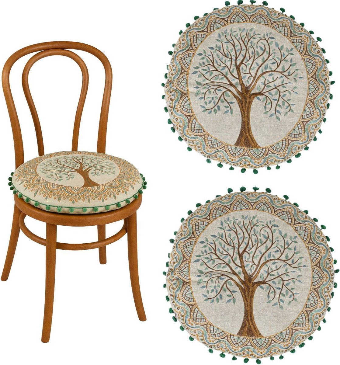 Set van 2 Ronde Stoelkussens met Levensboom Borduurwerk - Boho Zitkussens 40 cm Katoen