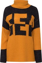 Laurasøn - Dames - Trui colorblocking SEA-wording tweekleurig col lange mouw - Oker - Maat L