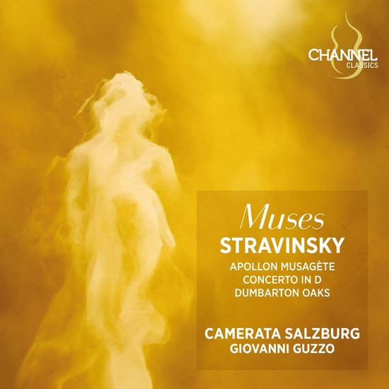 Albumhoes Channel Classics met Igor Stravinsky. Een gouden beeld van een vrouw op een gele achtergrond.