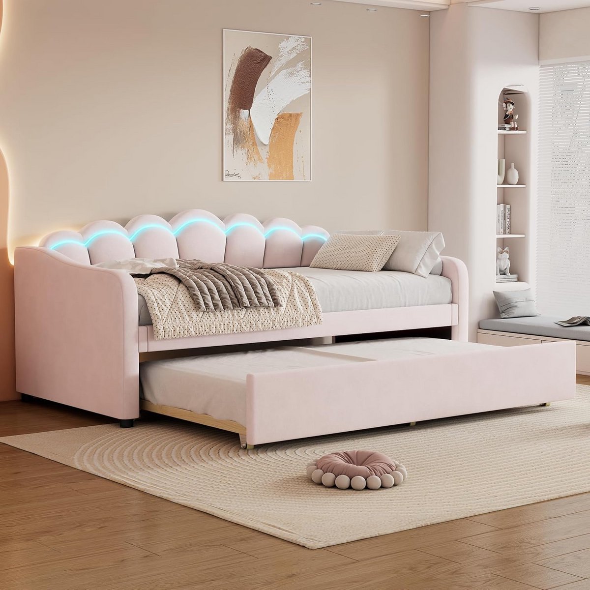 Moderne fluwelen dagbed met uittrekbaar onderschuifbed 90x200 cm inclusief LED-verlichting
