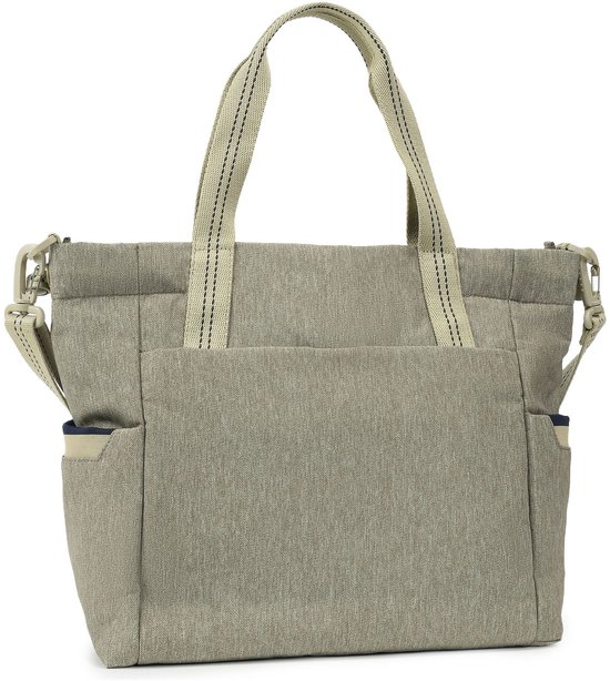 Grijze shopper met beige hengsels en aanpasbare schouderband. Met buitenvakken.