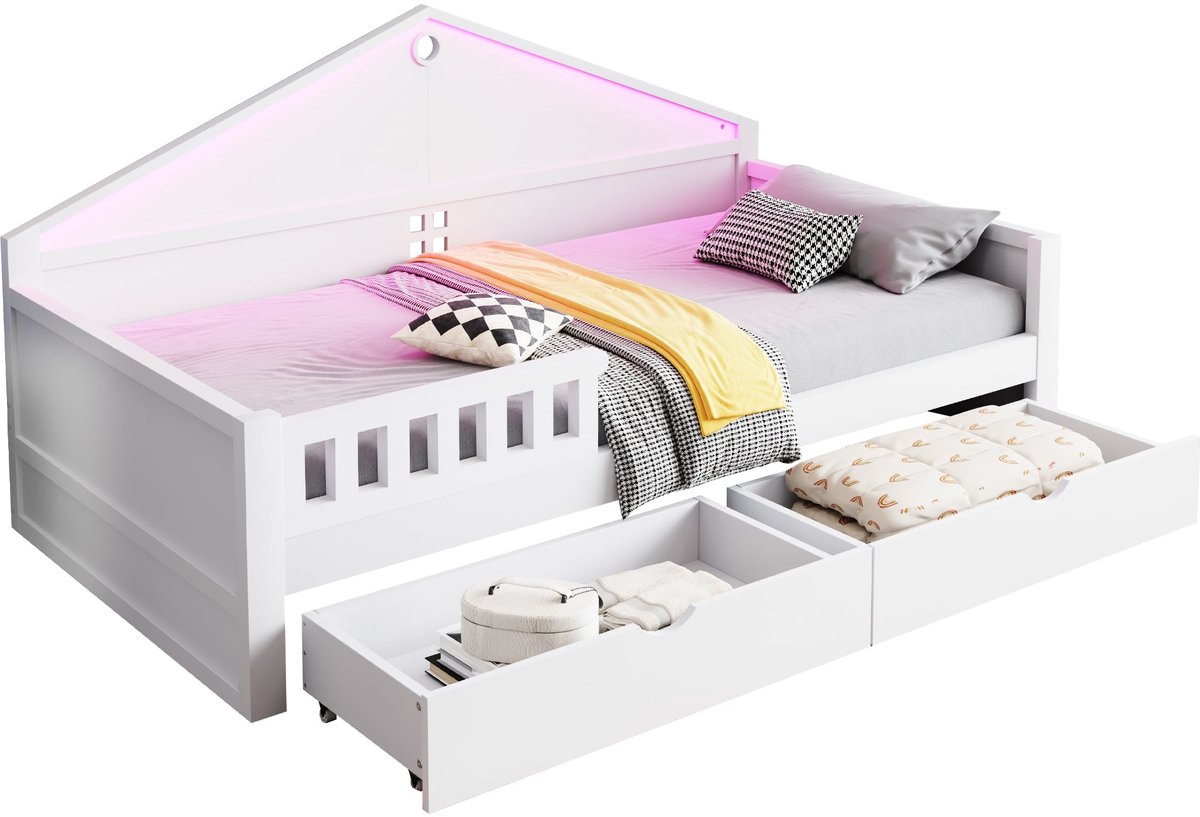 Merax Kinderbed 90x200 - Bed met Opbergruimte - LED Verlichting met Afstandsbediening - 2 Opberglades - Houten Lattenbodem - Hout - Wit