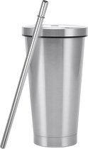 Roestvrijstalen beker - Dubbelwandige mok - Warme koude dranken - Inclusief deksel rietje - 500 ml - Zilverkleurig