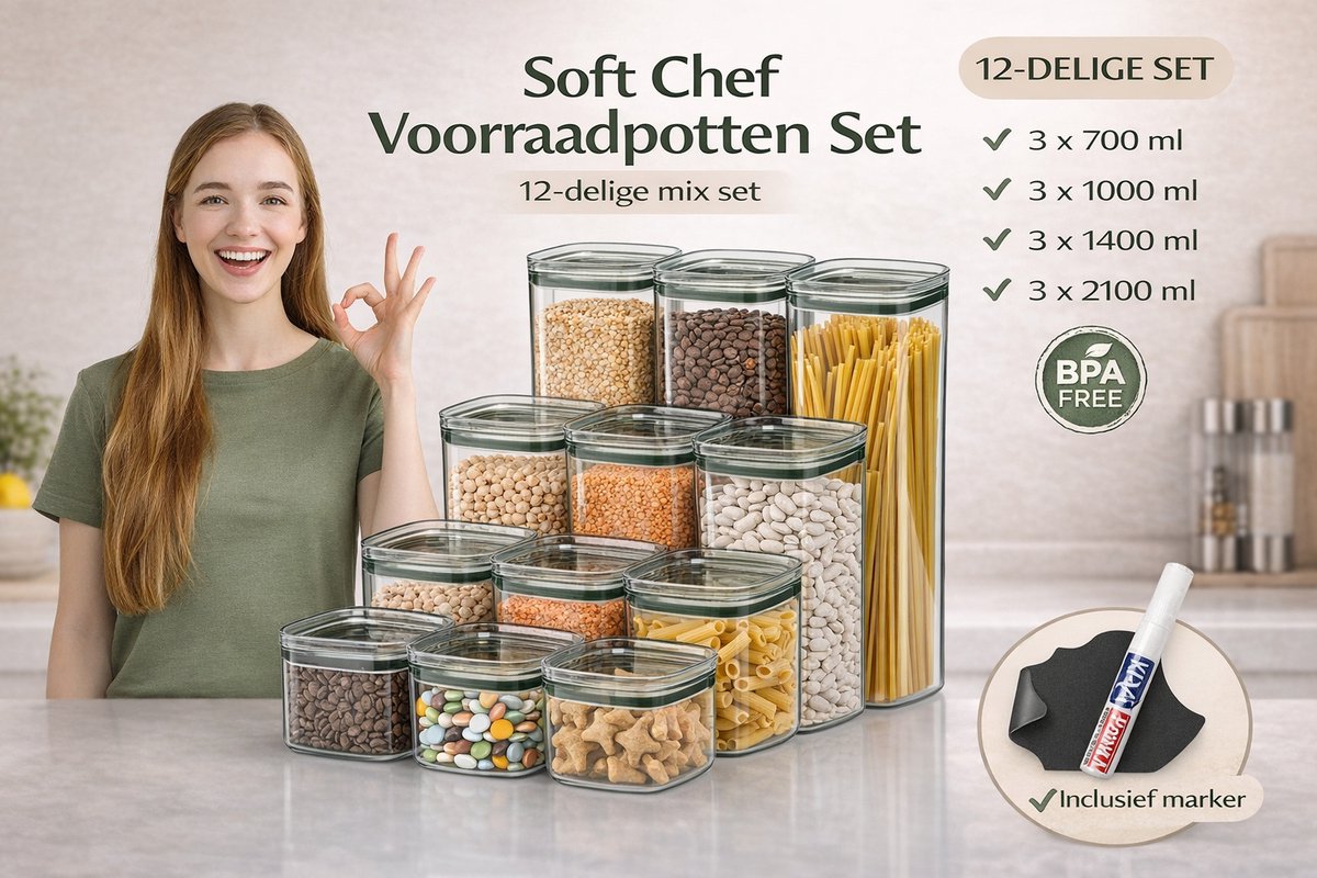 Soft Chef Voorraadpotten Set – 12-delig – 700 / 1000 / 1400 / 2100 ml – Luchtdicht – Stapelbaar – BPA Vrij – Incl. labels & marker