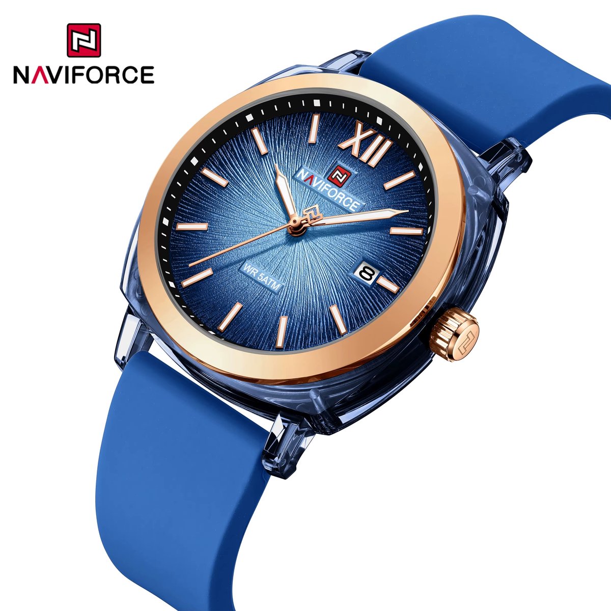 NAVIFORCE horloge met blauwe gefumeerde siliconen polsband, gouden horlogekast en blauwe wijzerplaat voor dames met stijl ( Model 6111 BL )