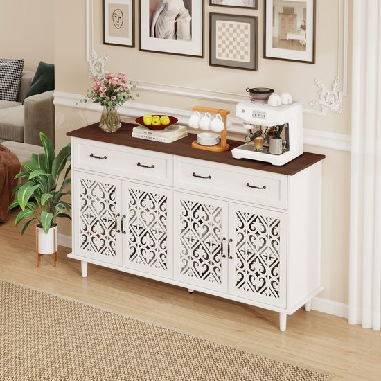 STILVORA Dressoir - Vintage Opbergkast Met 4 Deuren En 2 Lades - Voor Woonkamer En Eetkamer - Wit - Spaanplaat