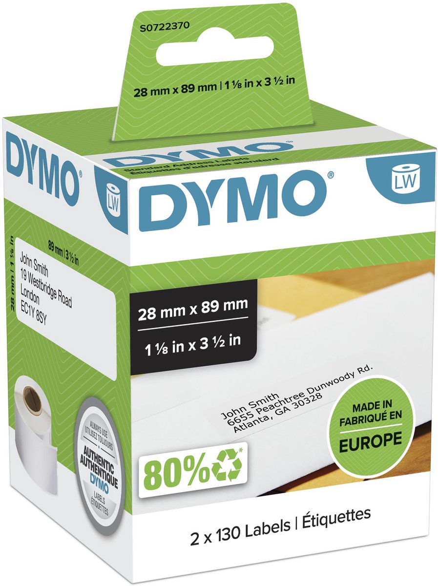 DYMO originele LabelWriter adreslabels | 28 mm x 89 mm | 2 rollen met elk 130 labels (260 zelfklevende etiketten) | Geschikt voor de LabelWriter labelprinters | Gemaakt in Europa
