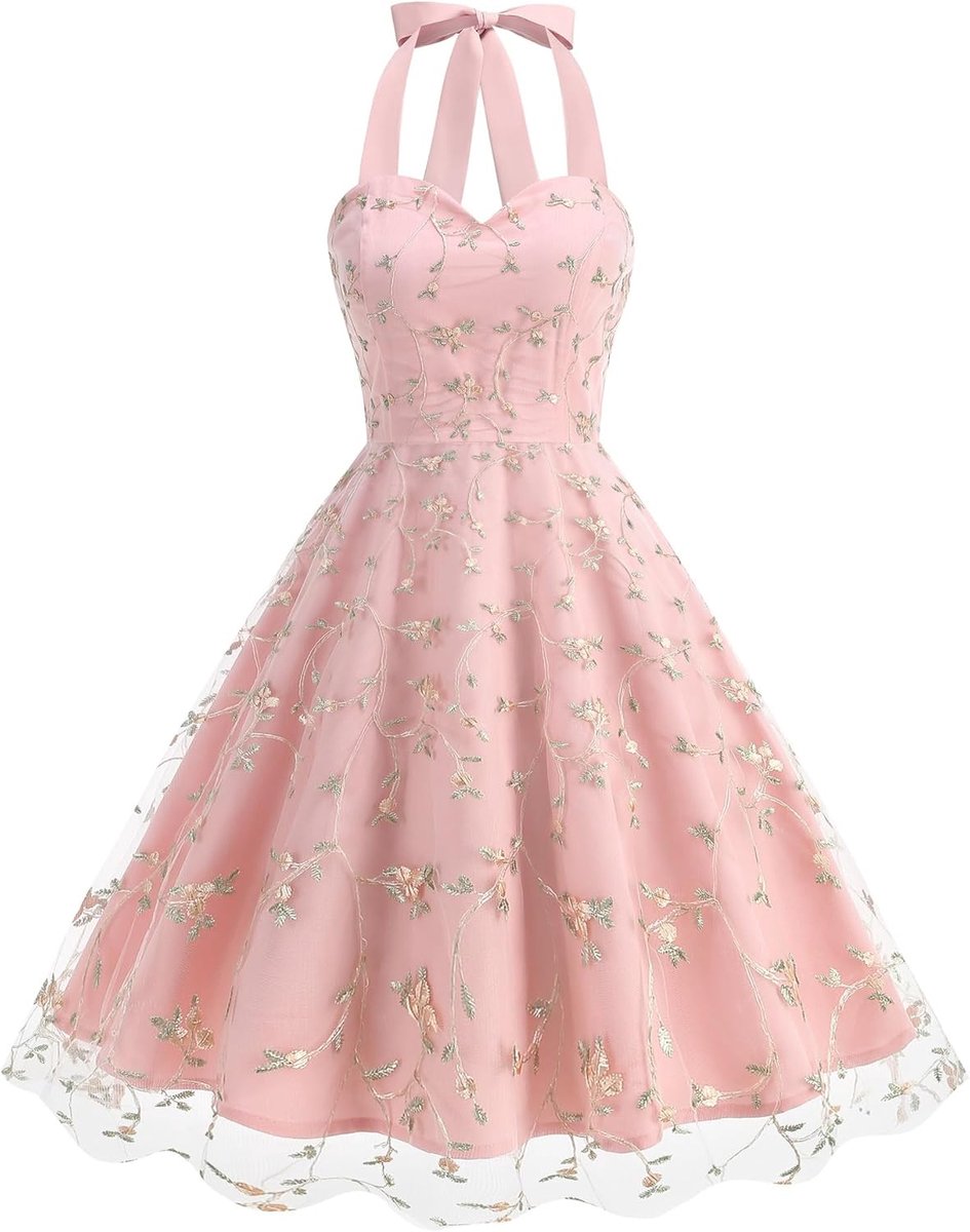 Dames Jurk - Feestjurk Mini - Formele Gelegenheid - Bloemen Borduursel - XXL - Roze