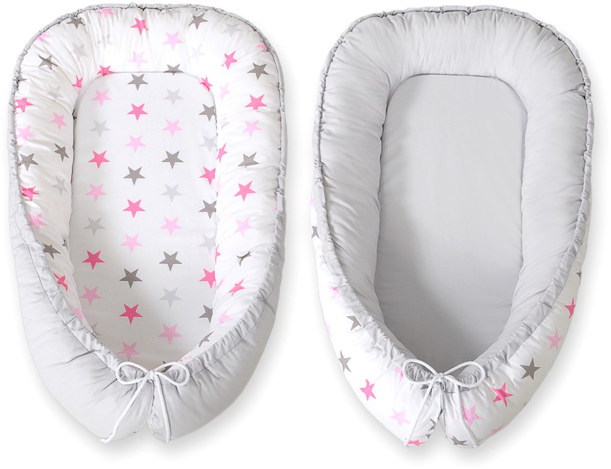 Babynestje dubbelzijdig Premium Cocoon voor baby's BOBONO- sterren roze-grijs/grijs