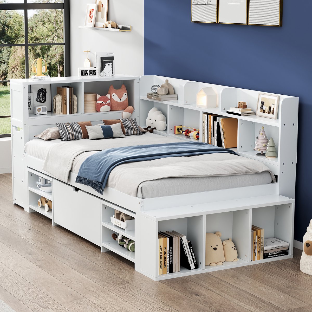 MIVRAY Kinderbed 90x200 cm - Eenpersoonsbed Met Laden En Boekenkast - Met Opbergkast Rondom Bed - Lattenbodem - Zonder Matras - Wit