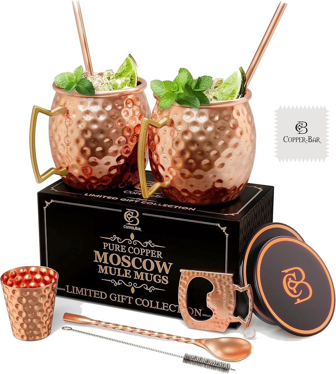 Set van 2 Handgemaakt Koperen Mokken met Cocktailaccessoires - 16 oz