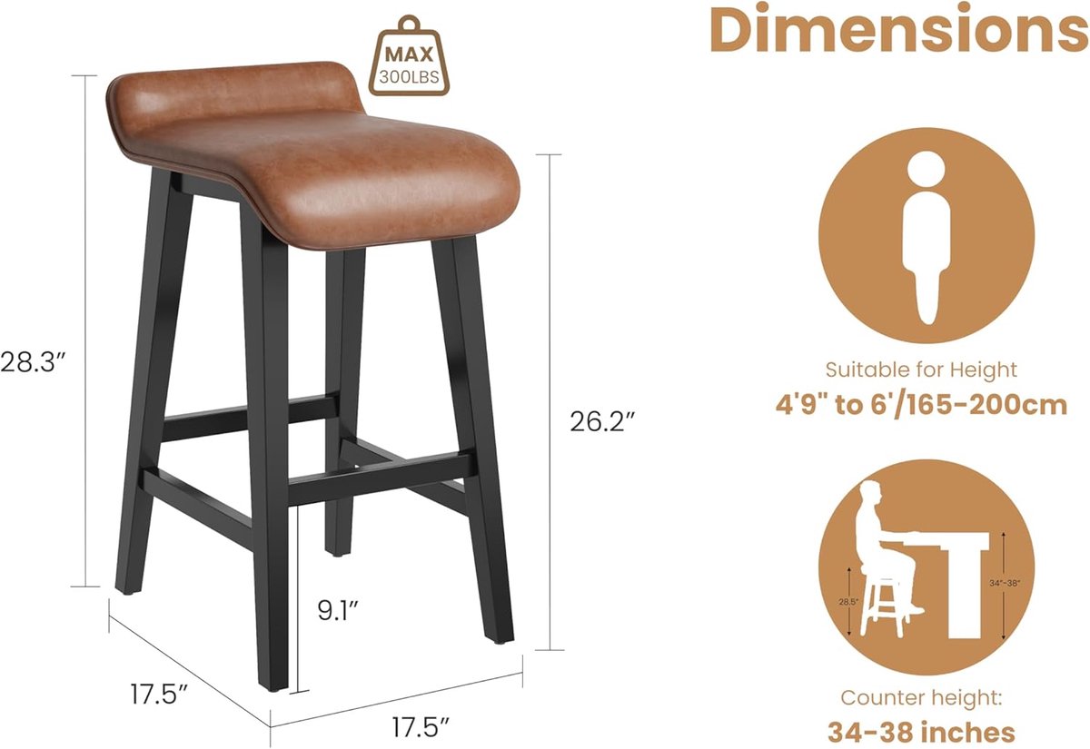 Meubels - Barkrukken - Set van 4 barkrukken van 66,5 cm - Moderne gestoffeerde keukenkrukken met lage rugleuning en voetsteun - Barkrukken met houten poten, voor aan het aanrecht, in de eetkamer,