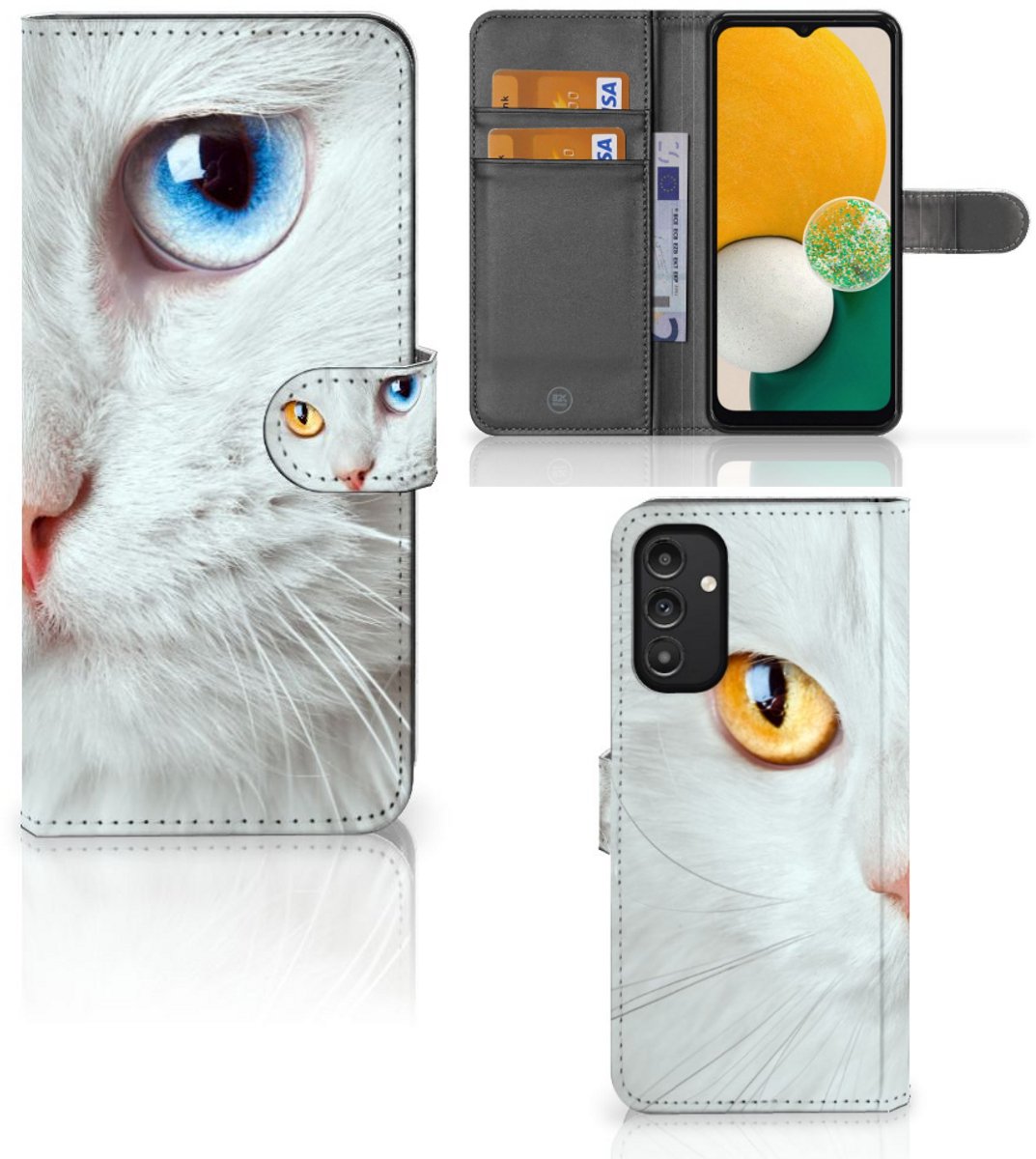 Samsung Galaxy A14 4G Telefoonhoesje met Pasjes Witte Kat