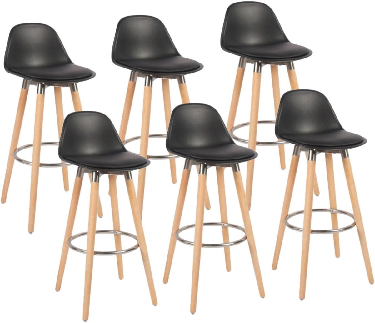 Set van 6 Hoge Barkrukken van Hout met Voetensteun - 91 cm Zwarte Krukken