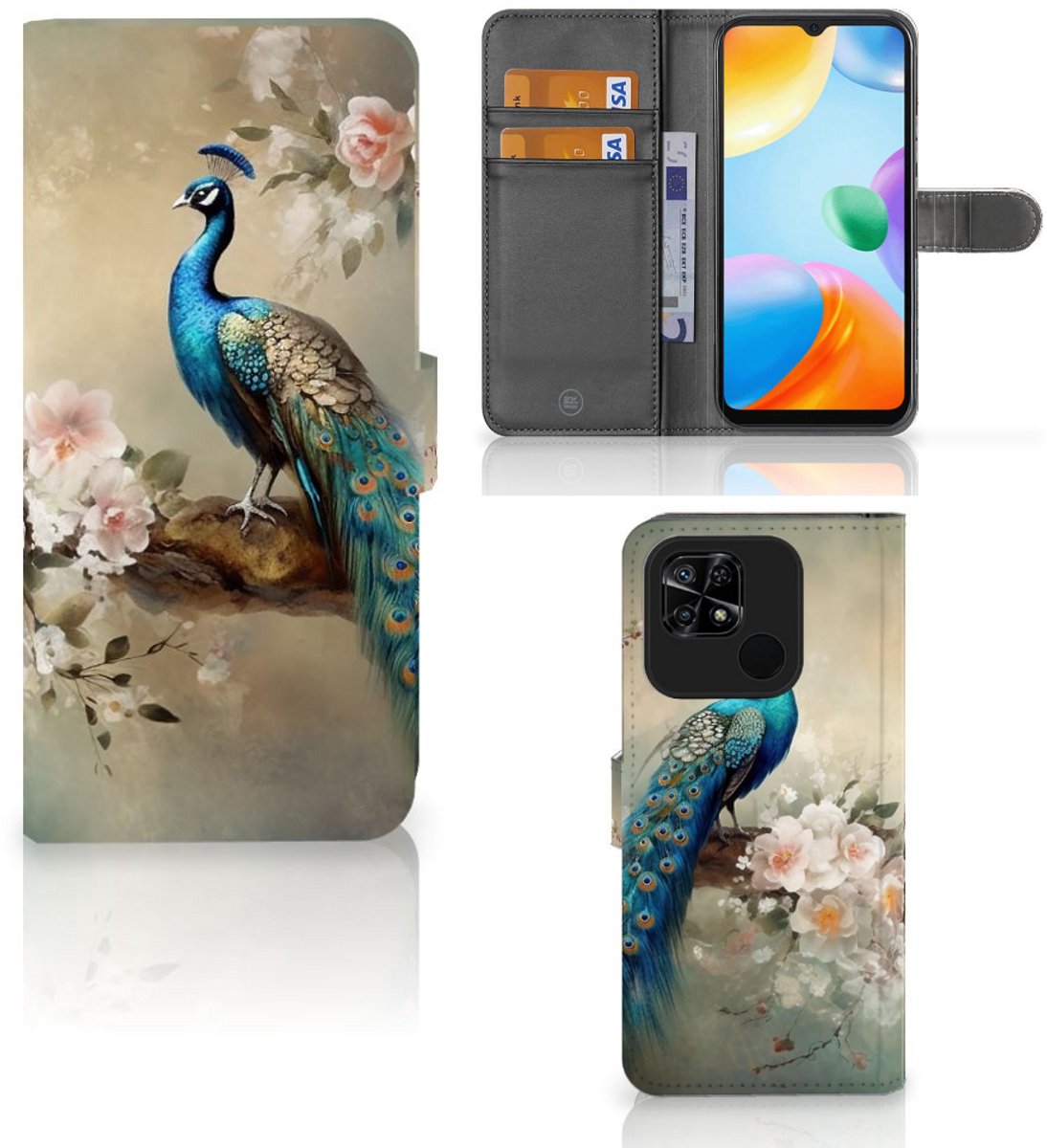 Telefoonhoesje met Pasjes voor Xiaomi Redmi 10C Vintage Pauwen