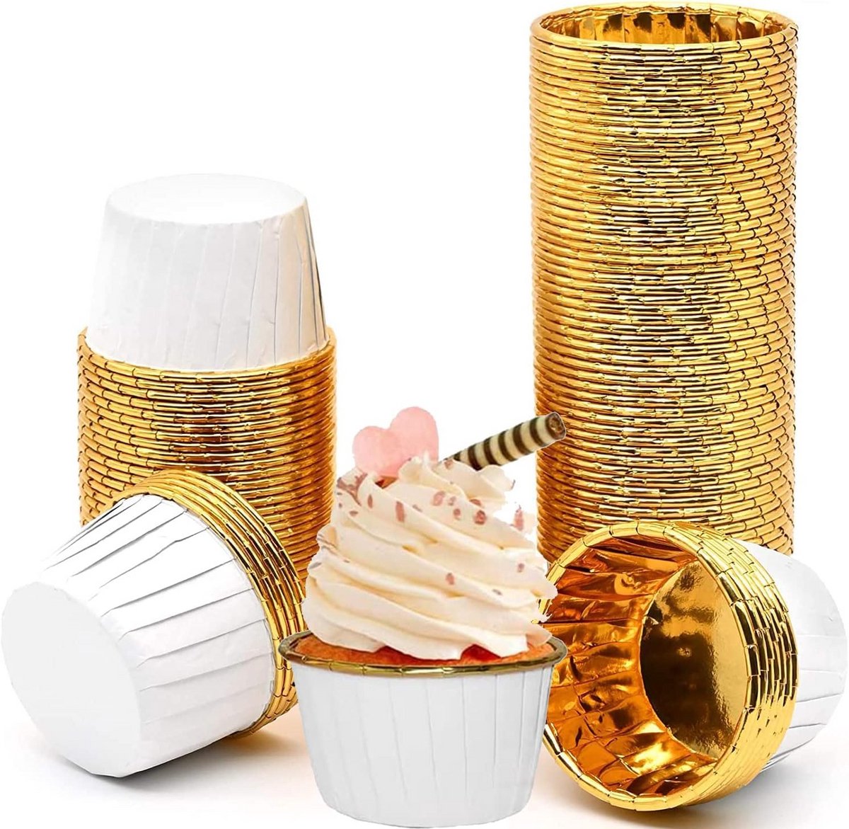 50 Stuks Muffinvormpjes Papier in Wit-Goud - Anti-aanbak Cupcakevormen