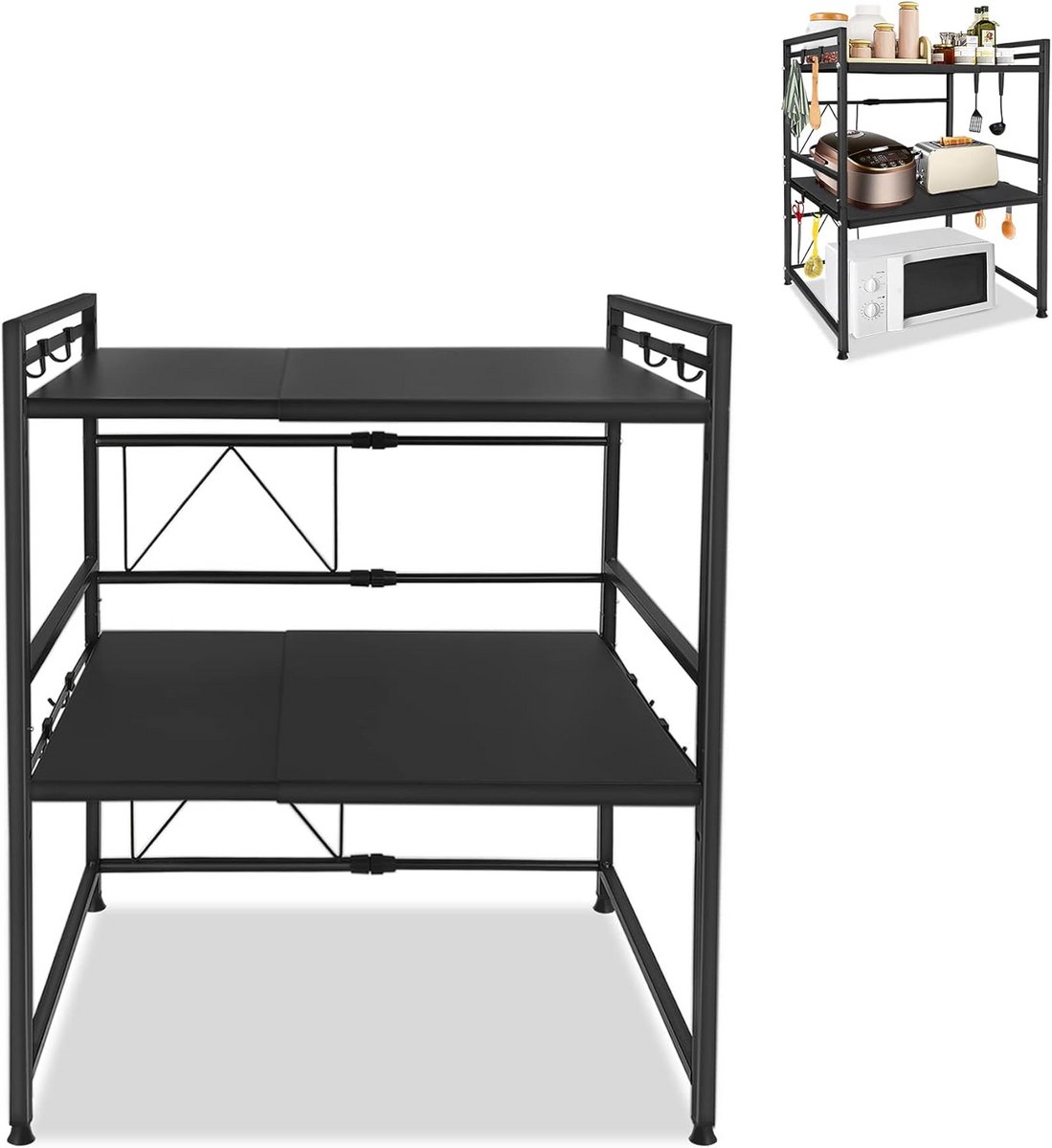 Uitbreidbaar 3-Tier Magnetronrek met Haken - Ideaal voor Keuken en Bakkerij
