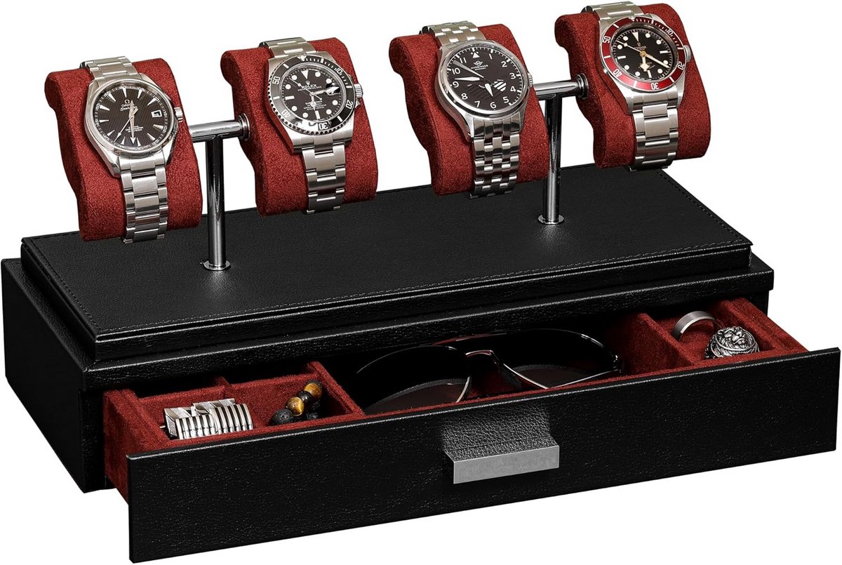 Luxe horlogevitrine voor 4 horloges met acrylhoes en uitneembare kussens