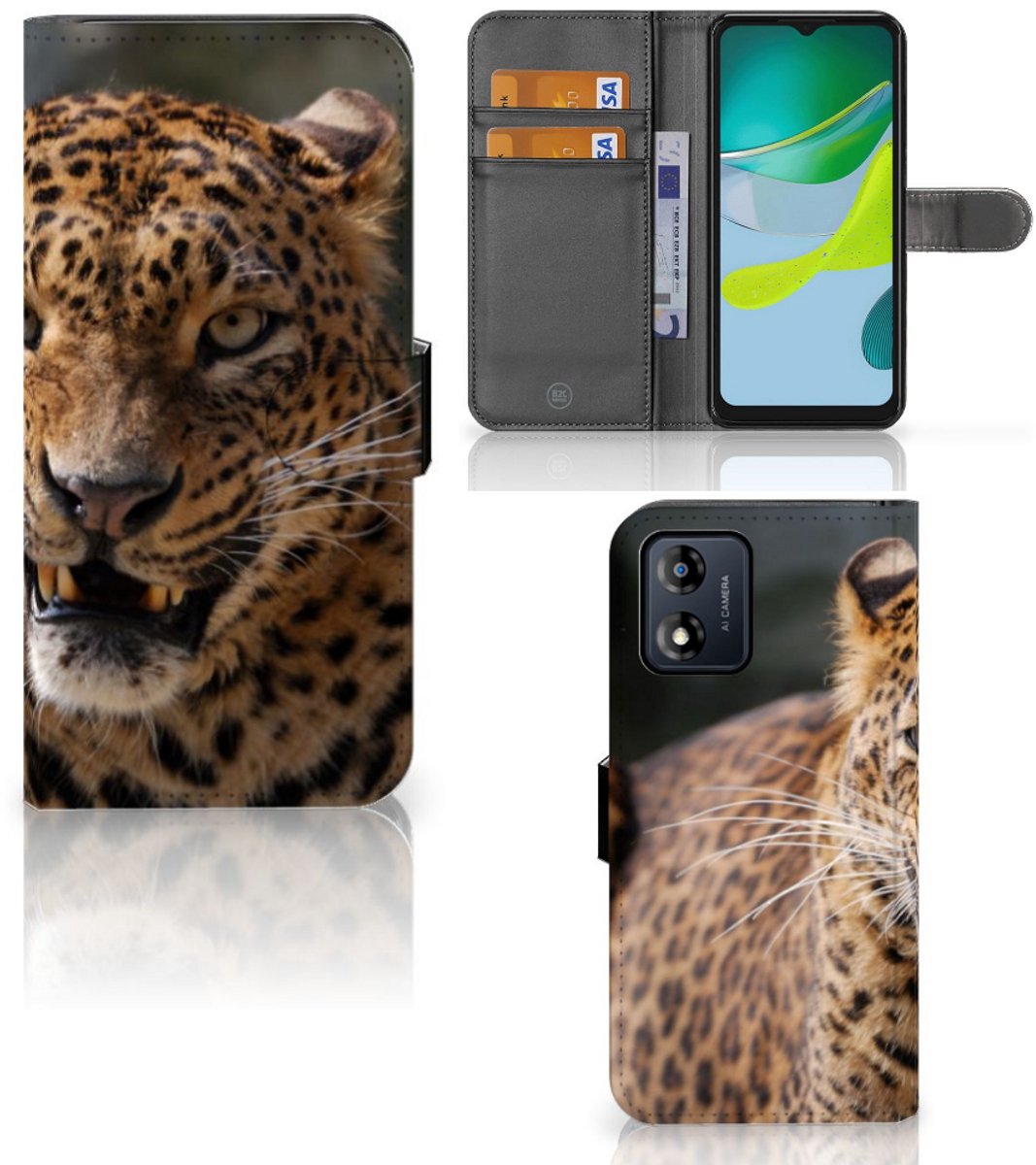 Motorola Moto E13 4G Telefoonhoesje met Pasjes Luipaard