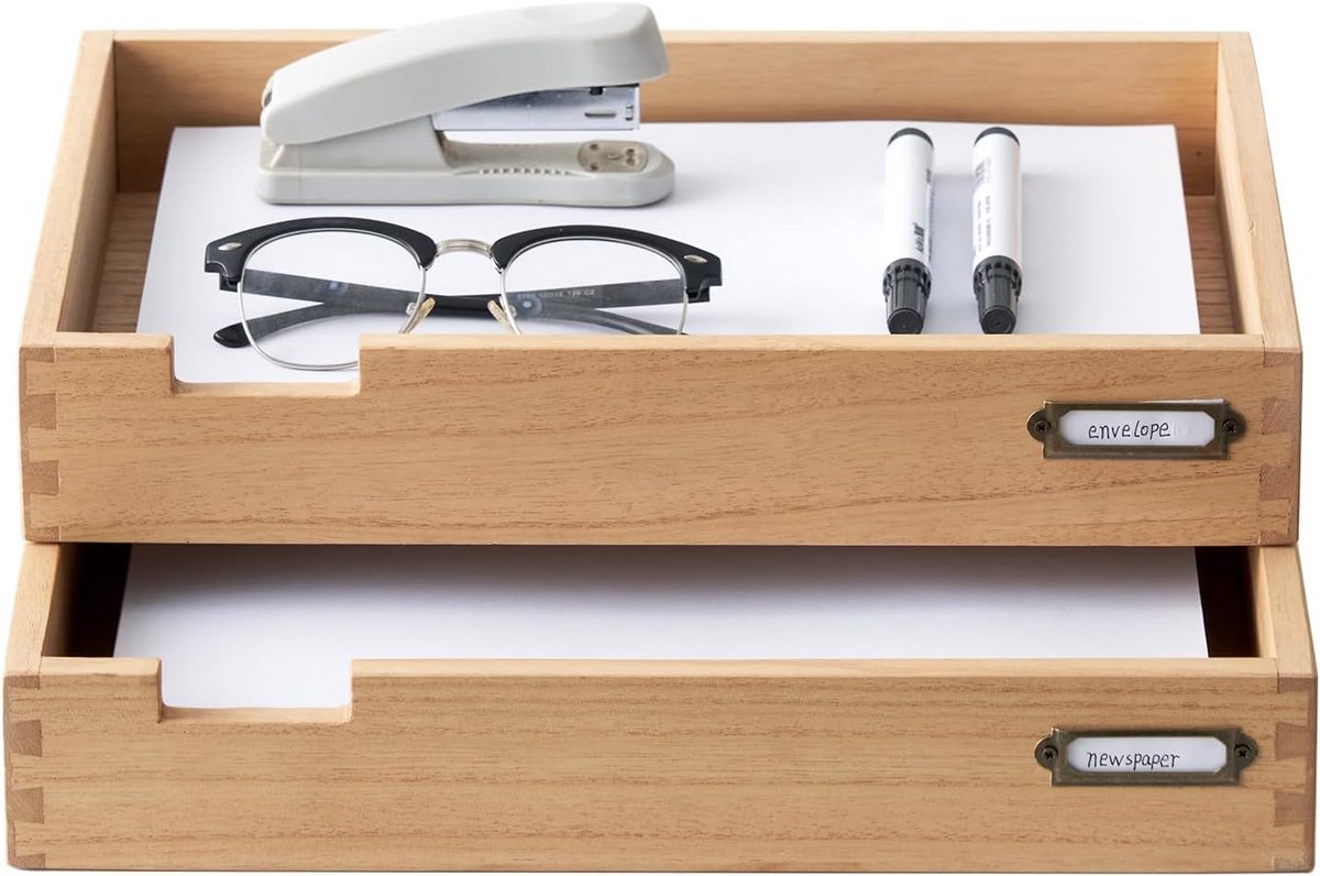 Houten Stapelbare Bureau-Brievenorganizer met Etikethouder - Set van 2