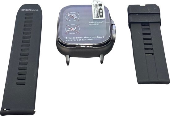 Zwarte smartwatch met verwisselbare bandjes, een zwart scherm met waarschuwingssymbolen en een oplaadpunt.