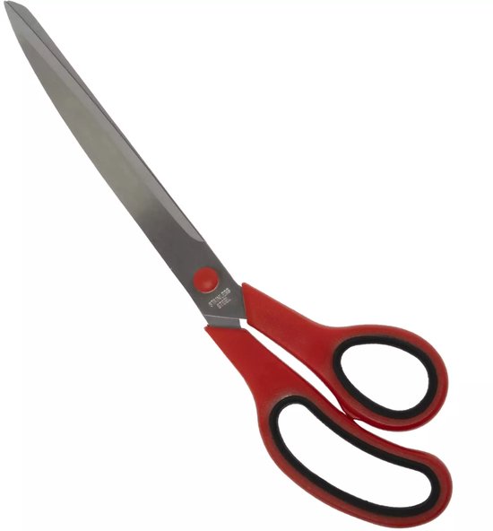 Lange rood met zwart handvat schaar met roestvrijstalen mesjes.