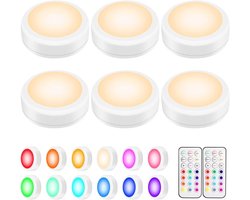 6 Stuks RGB LED Puck Lampen met Afstandsbediening - 36 Kleuren Dimmer Timer - Draadloze Plakbare Onderkastverlichting
