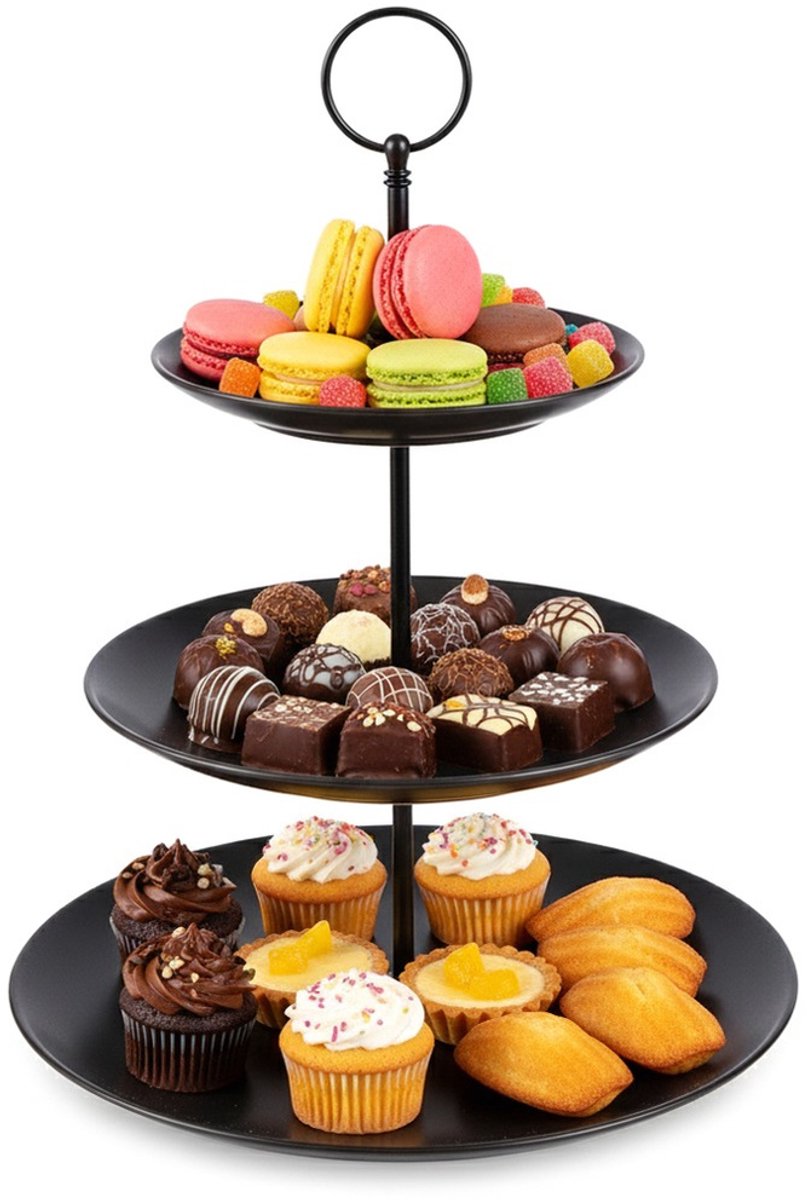 Etagère Porselein Zwart met 3 Verdiepingen 34 cm - Serveertoren - Taartplateau - Cupcakestandaard - Taartstandaard