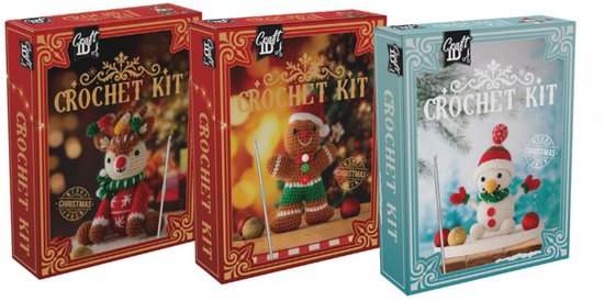 Haakset kerst xmas rendier, gembermannetje of sneeuwman 3 assorti haakpakket.