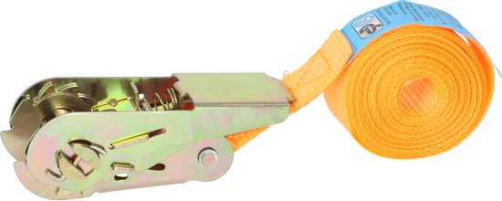 Oranje spanband met metalen ratelmechanisme.