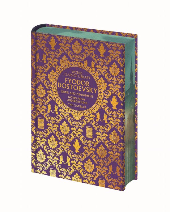 Livre violet avec ornements dorés, sur lequel est écrit "World Classics Library Fyodor Dostoevsky Crime and Punishment Notes from Underground The Gambler".