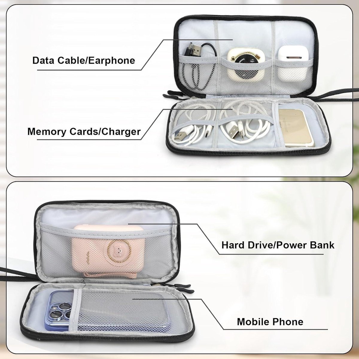 Waterdichte reisorganizer voor elektronische accessoires - opbergtas voor oplader, USB-stick en powerbank - lichtgewicht en draagbaar - thuis en op reis - zwart – foto 4