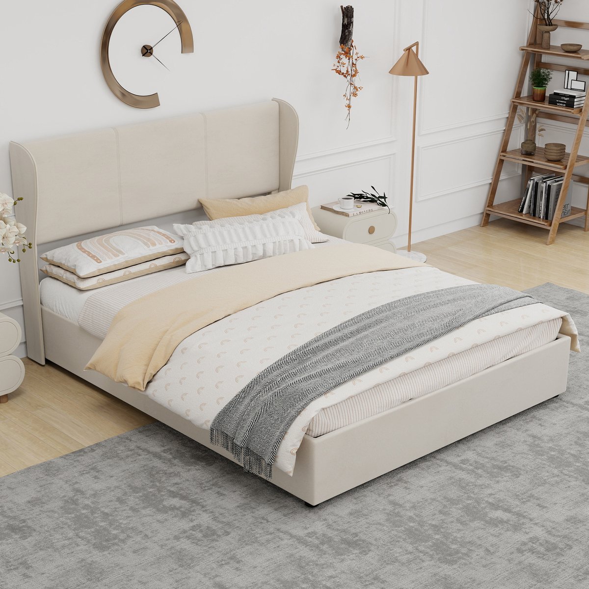 MIVRAY Gestoffeerd Bed 160x200cm - Zonder Matras - Zacht Hoofdbord Met Rugleuning - Met Opbergbox En Gaslift - Stof En Metaal - Beige