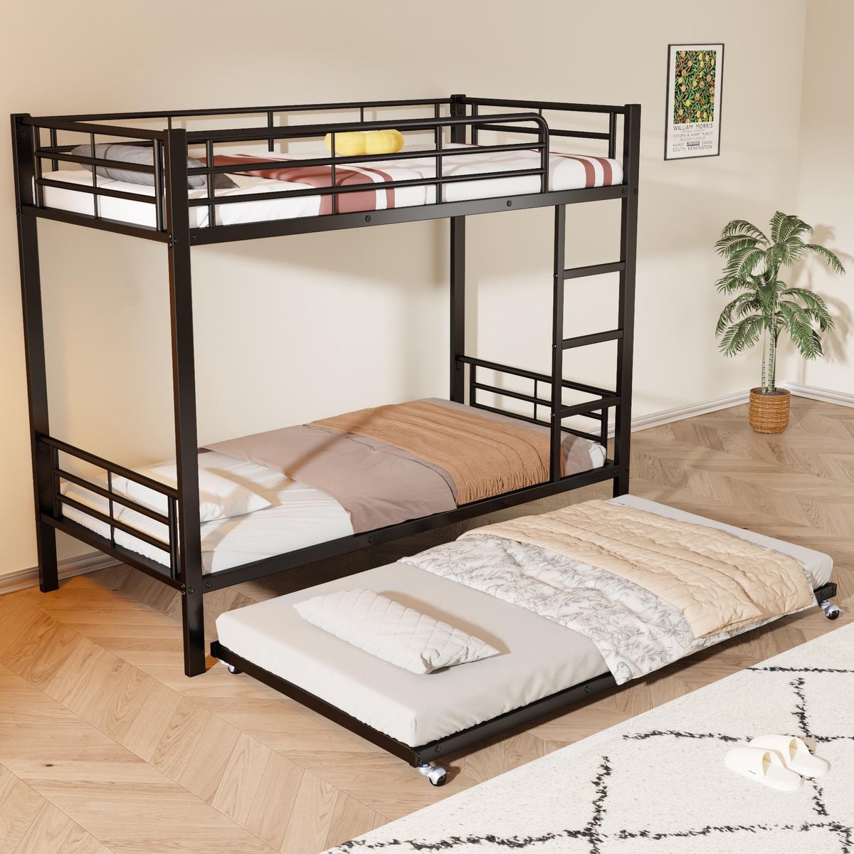 MIVRAY Stapelbed 90x200cm - Met Uitschuifbed 90x190cm En Vierzijdige Valbeveiliging - Voor Kinderkamer - Metaal - Zwart - Zonder Matras