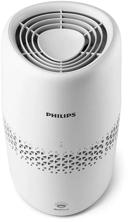 Humidificateur d'air Philips blanc avec partie supérieure ouverte et motif décoratif sur le côté.