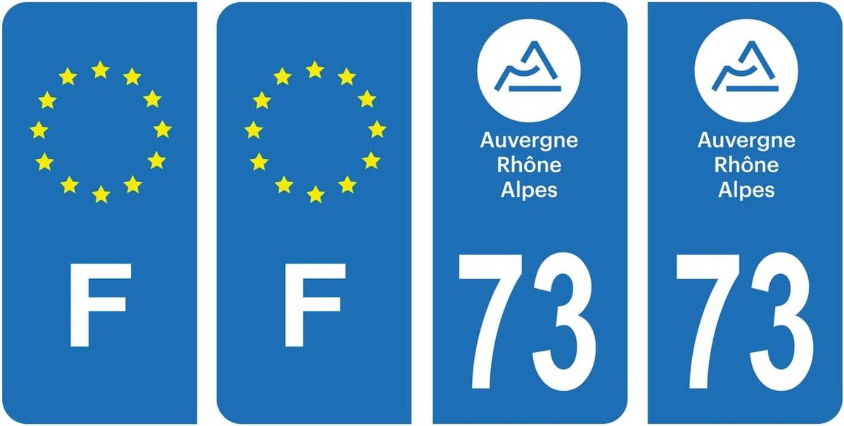Set van 4 Kentekenplaat Stickers Departement 73 Savoie Regio Auvergne-Rhône-Alpes en F