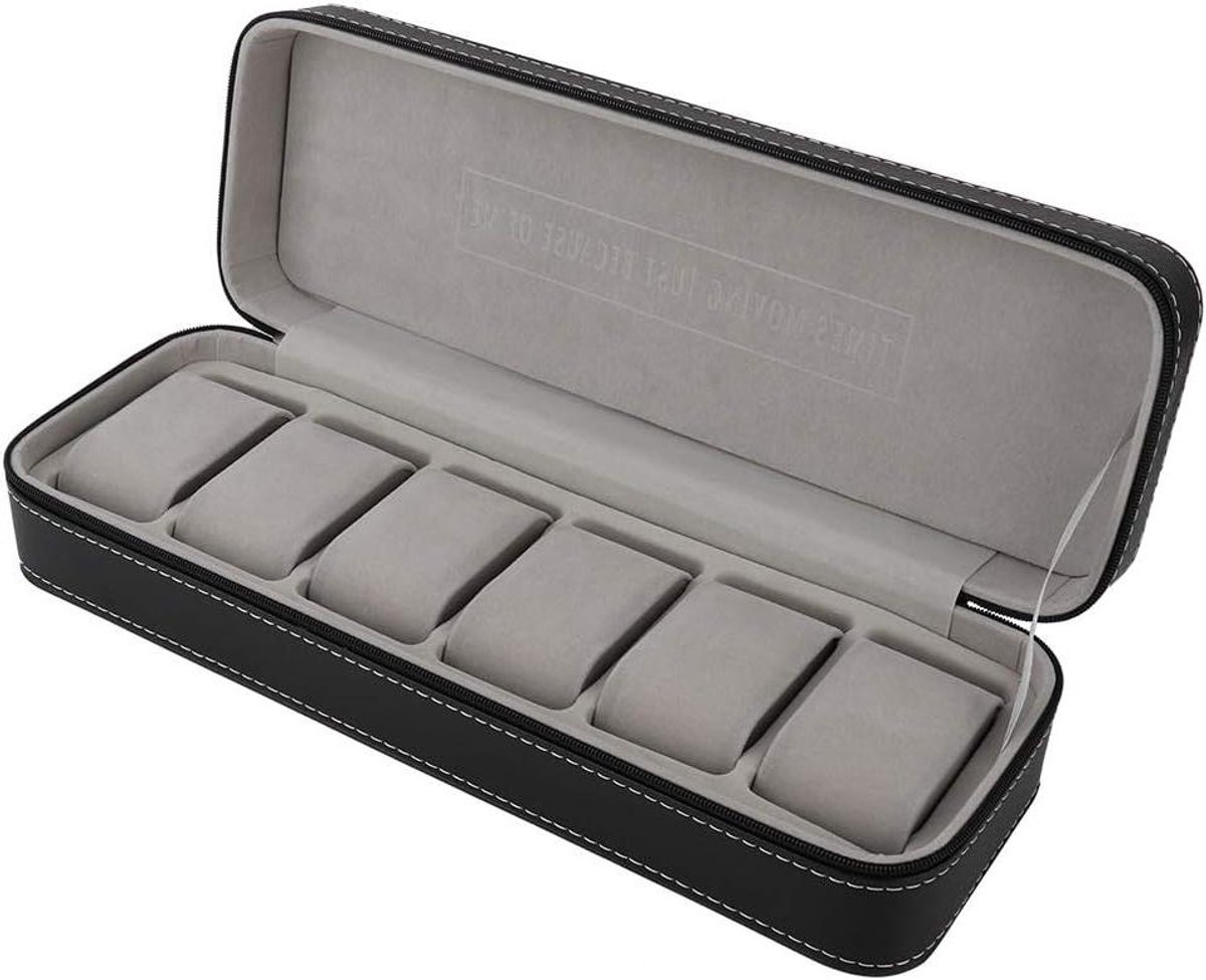 Opbergdoos voor horloges van PU-leer met 6 vakken, horloge organizer voor presentatie, 33 x 11 x 7,5 cm.
