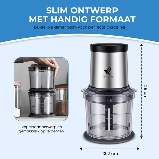 NovaWare Hakmolen Elektrisch - Food Chopper - Hakmolen Electrisch - Groentesnijder - Foodprocessor - 4 Messen - 300W - 900ml van NovaWare — afbeelding 5