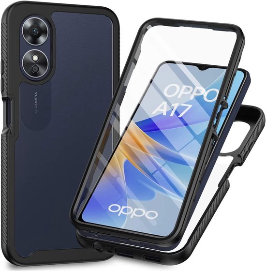 Coque avec protection d'écran intégrée pour Oppo A17 | Protection antichute Full Protect | Clair / Noir