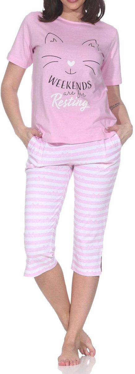 Normann dames capri pyjama met korte mouwen in kattenlook – ook in grote maten rosa