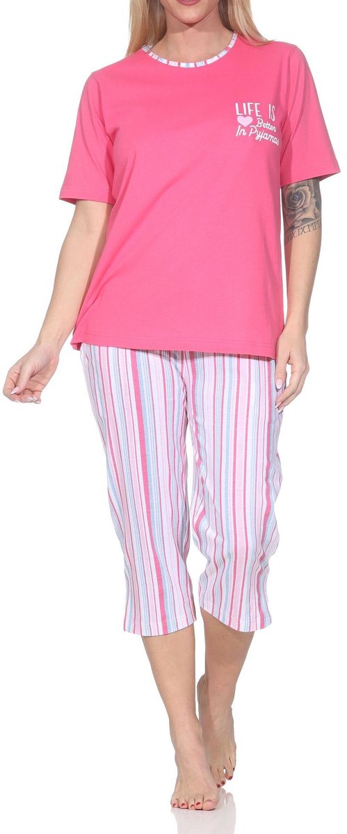 Normann dames capri pyjama met korte mouwen in elegante strepenlook – ook in grote maten roze