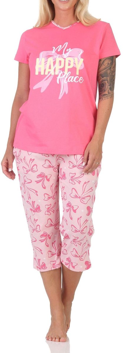 Normann dames Capri pyjama korte mouw pyjama in een klassieke look met strikken als motief pink