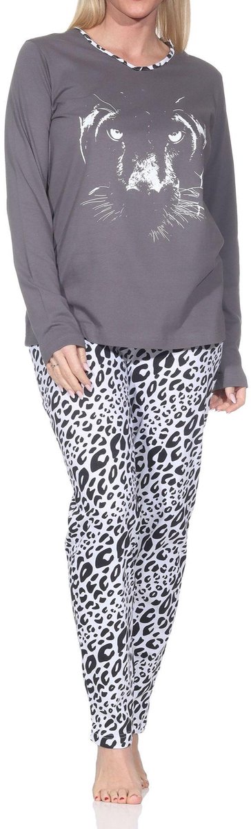 Normann dames pyjama lange mouw pyjama met dierenprintmotief – ook in grote maten grau