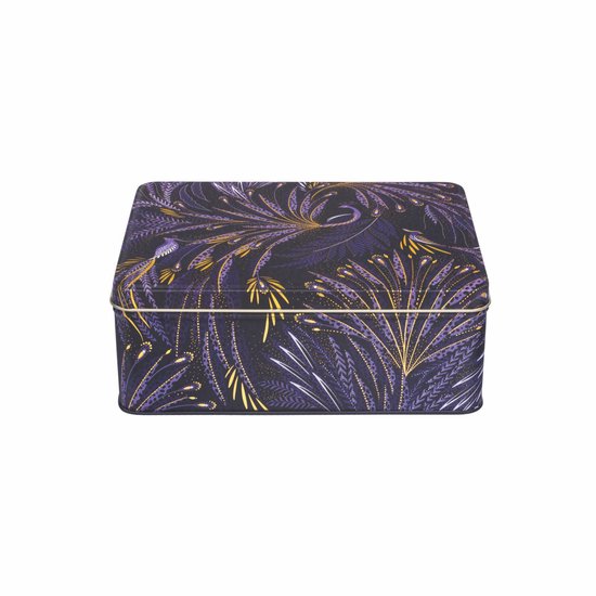 Boîte de conservation rectangulaire bleu foncé avec des motifs de feux d'artifice dorés et violets de la collection Sara Miller Anniversary.