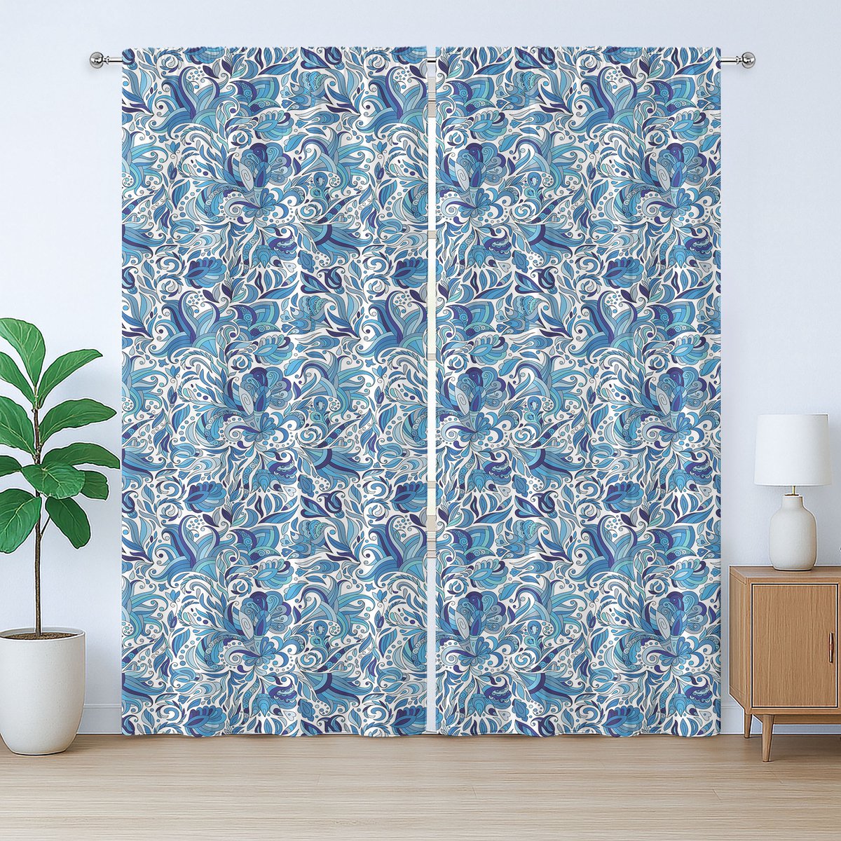 ABAKUHAUS Rustiek gordijn met bloemenmotief, Midden-Oosterse natuur, met lussen en haken voor de woonkamer, 280 x 245 cm, marineblauw en groen