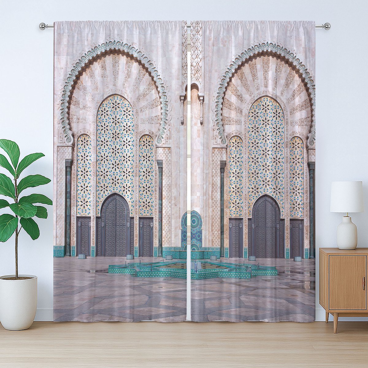 ABAKUHAUS Rustiek Architectuur Gordijn, Historisch Gebouw Poort, Slaapkamer Gordijn met Plooiing, Lussen en Haken, 280 x 225 cm, Turquoise Lichtgrijs
