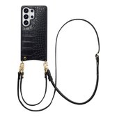 Selencia Hoesje - Geschikt voor Samsung Galaxy S26 Ultra - Croco Backcover met koord en pashouder - Zwart
