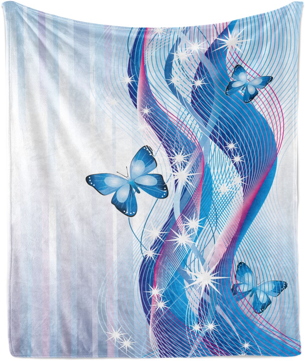 ABAKUHAUS Marineblauwe en roze zachte flanellen fleece deken, magische vlinder, knusse pluche plaid, 125 x 175 cm, wit blauw roze