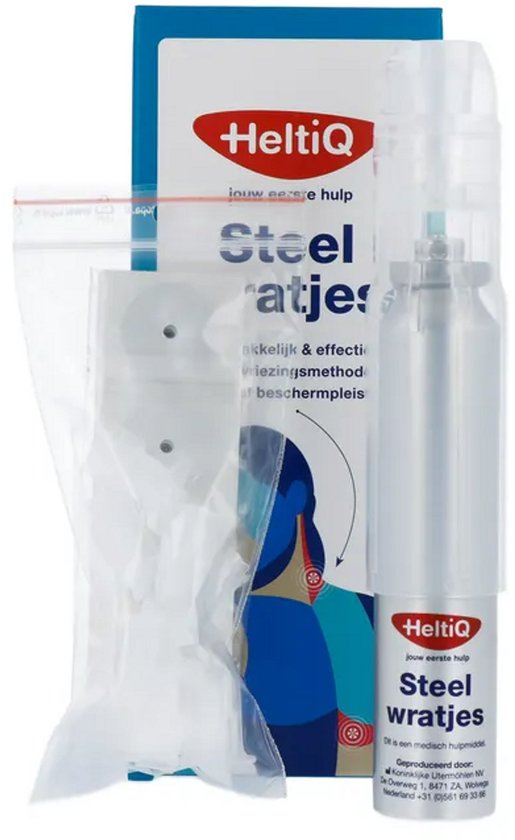 HeltiQ Steelwratjes product in verpakking met spray, applicators en pleisters in een plastic zakje.