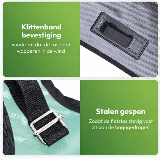 Detailopname van de klikbandbevestiging en stalen gespen van de mintgroene dubbele fietstas.